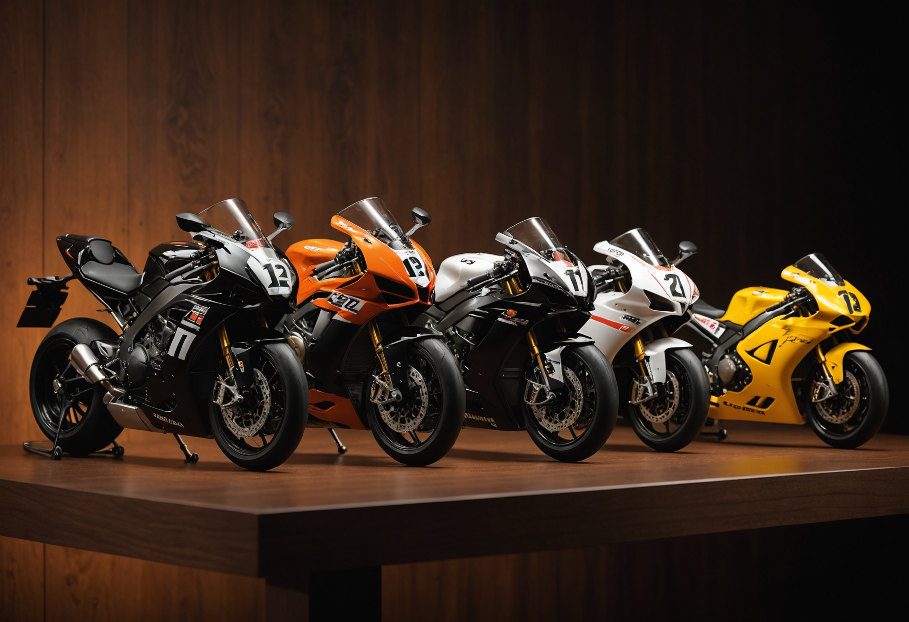 A collection of scale superbike models arranged on a display shelf
