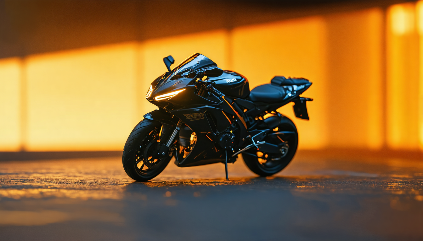 Close-up detail of a 1:12 scale superbike model under warm spotlight on a wooden display stand