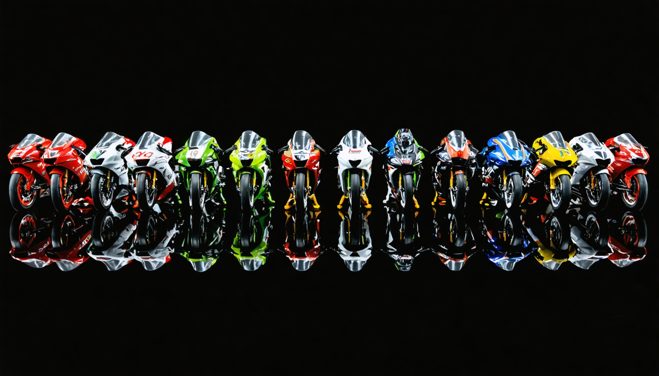 A lineup of scale superbike models on a dark reflective display surface