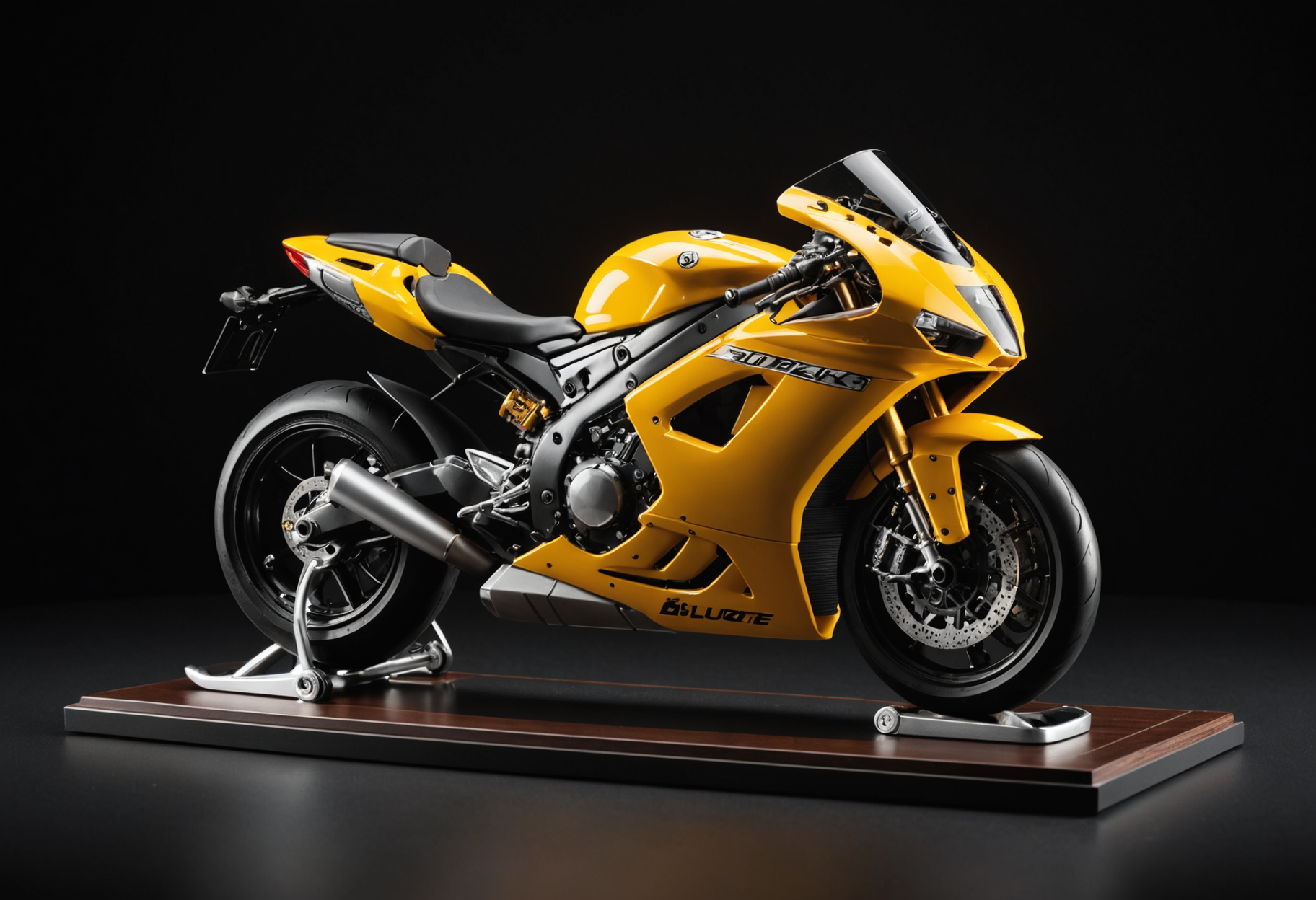 Single diecast superbike model spotlit against a deep black background on a wooden stand